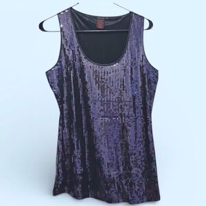 DStudio-Women’s Fully Sequinned Tank Top-Size L-Dark Blue with Tie Belt/Scarf